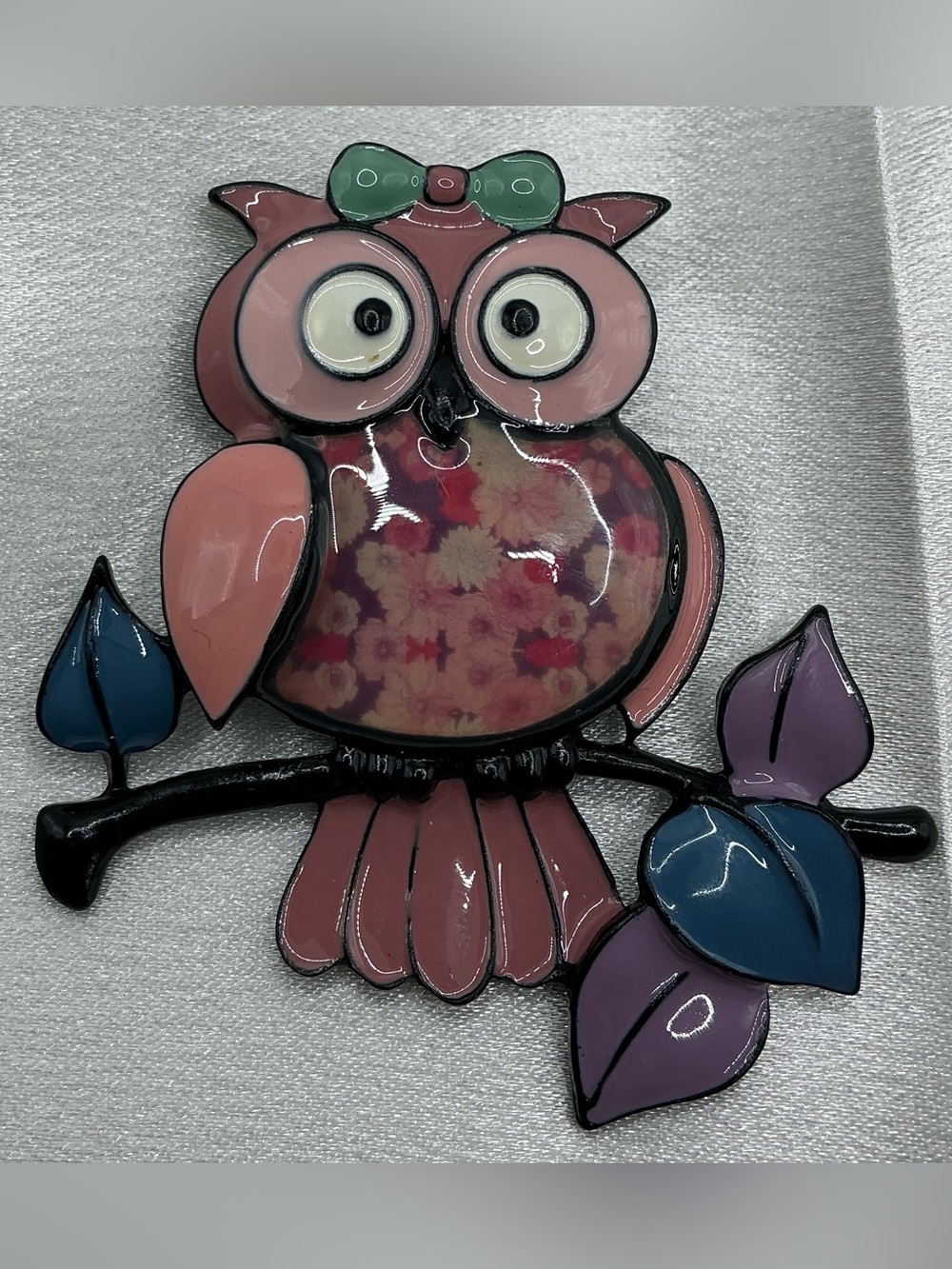 MULTI COLOR ENAMEL FLOWER PRINT BELLY OWL ON BRANCH BROOCH NWOT